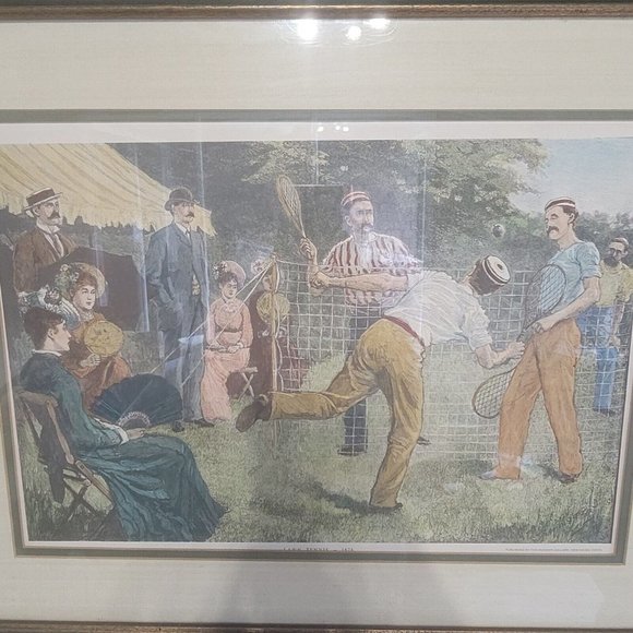 RARE Antique 1878 “Lawn Tennis” Hand Painted Engraving by CS Reinhart 25"x 18.5" - Picture 3 of 13